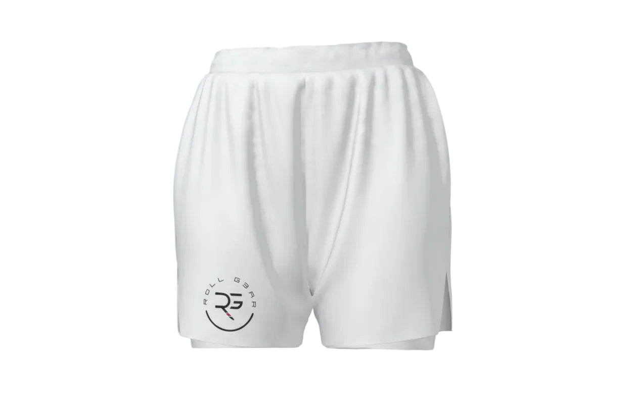 Roll Gear Women's White 2-in-1 Grappling Shorts – Own the Mat Edition, front view, additional angle.