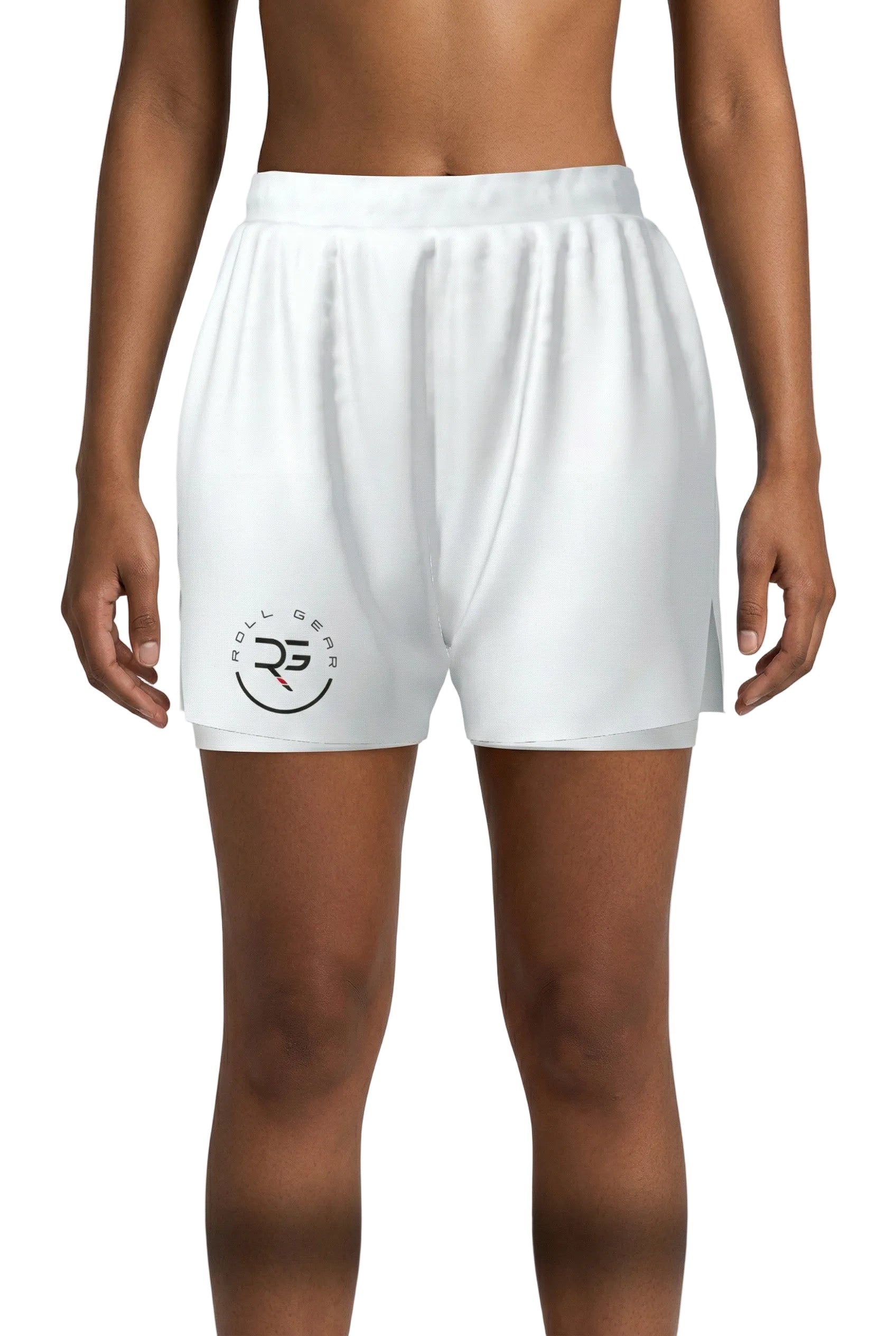 Roll Gear Women's White 2-in-1 Grappling Shorts – Own the Mat Edition, front view.