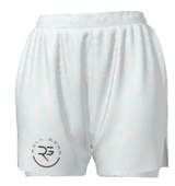 Women’s white BJJ ranked 2-in-1 shorts with wave design and Roll Gear logo – lightweight, compression-lined grappling shorts designed for comfort, movement, and belt rank recognition