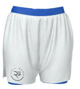 Women’s blue BJJ ranked 2-in-1 shorts with wave design and Roll Gear logo – compression-lined grappling shorts for mobility, durability, and blue belt recognition in Brazilian Jiu-Jitsu