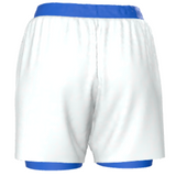 Back view of women’s blue ranked BJJ shorts featuring wave detail and Roll Gear branding – high-performance 2-in-1 no-gi shorts designed for BJJ athletes