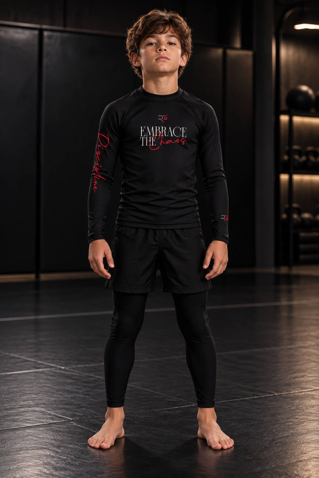 Roll Gear Embrace the Chaos Rash Guard – Kids, front view on a boy standing on the mat.