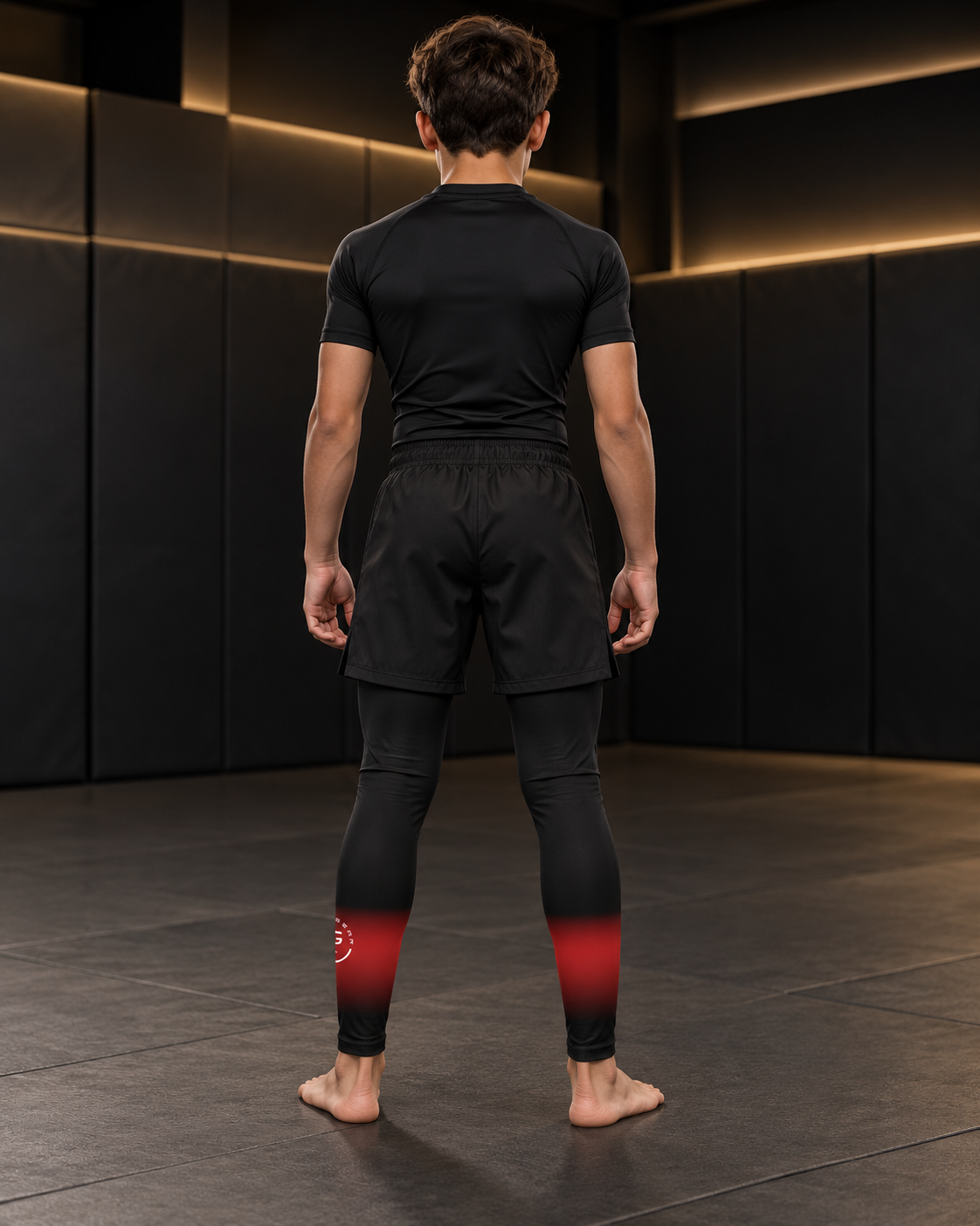 Roll Gear Black Fade Training Spats – Black/Grey – Youth, back view on a teen boy.