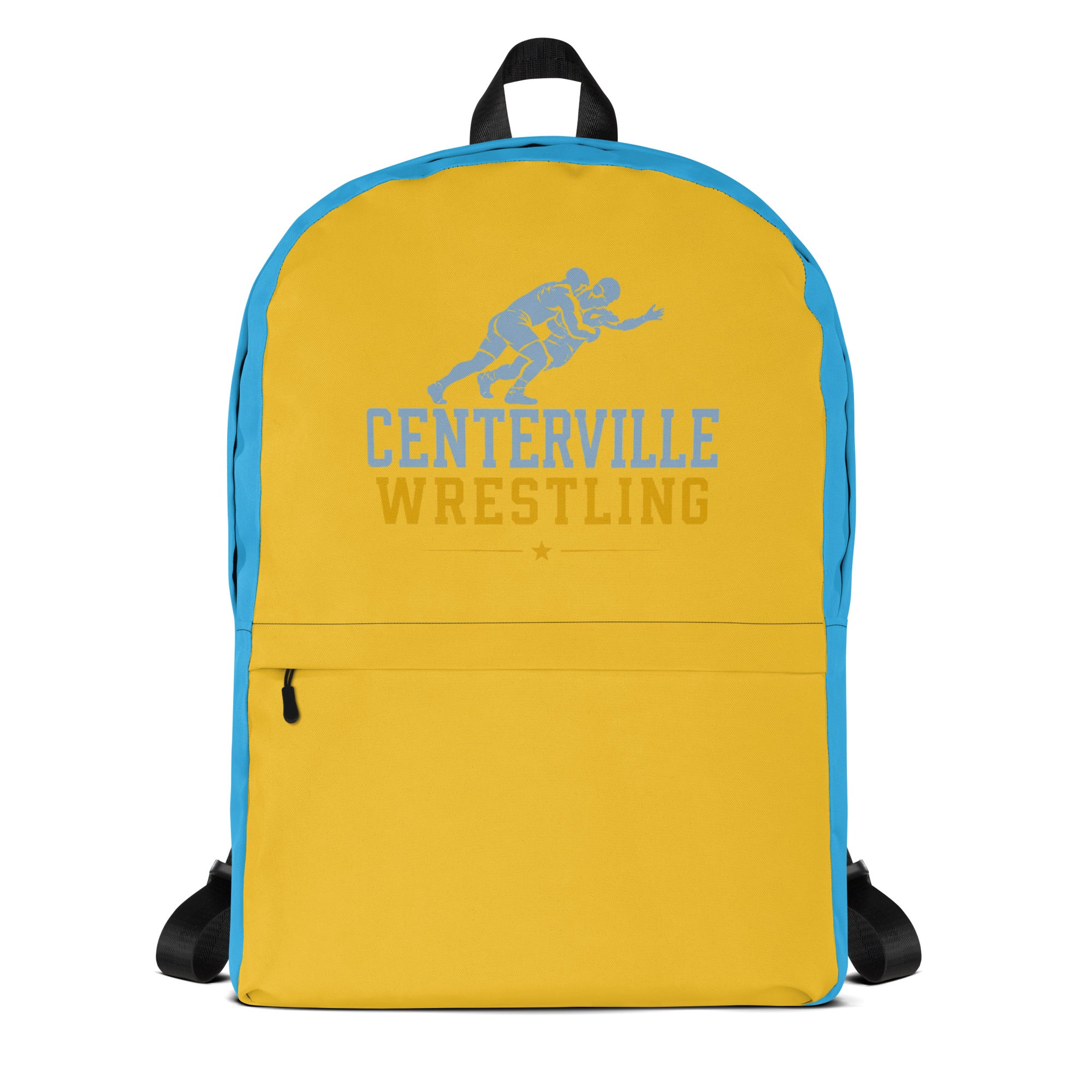 Roll Gear Centerville Wrestling Team Backpack in gold, front view.
