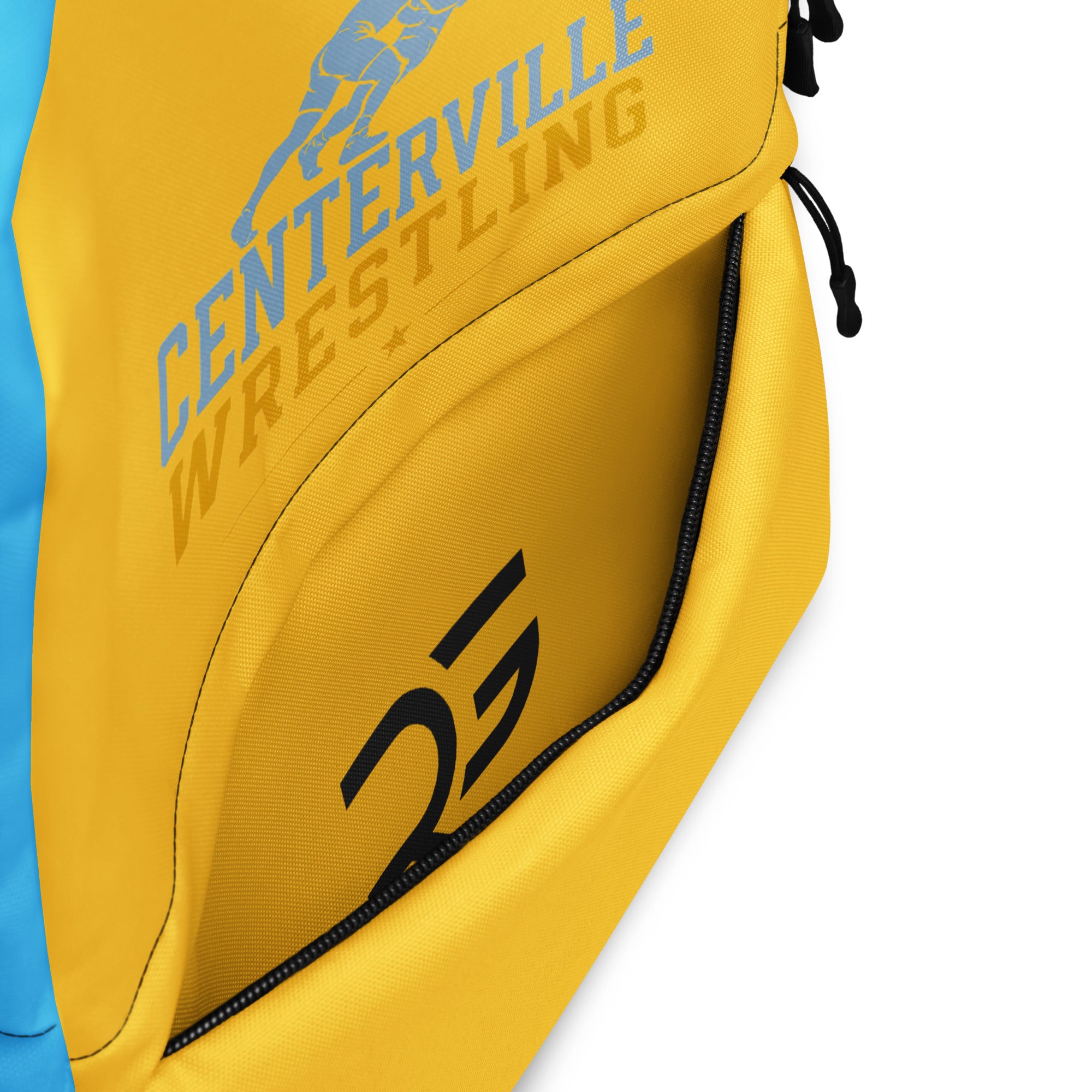Roll Gear Centerville Wrestling Team Backpack in gold, interior detail view.
