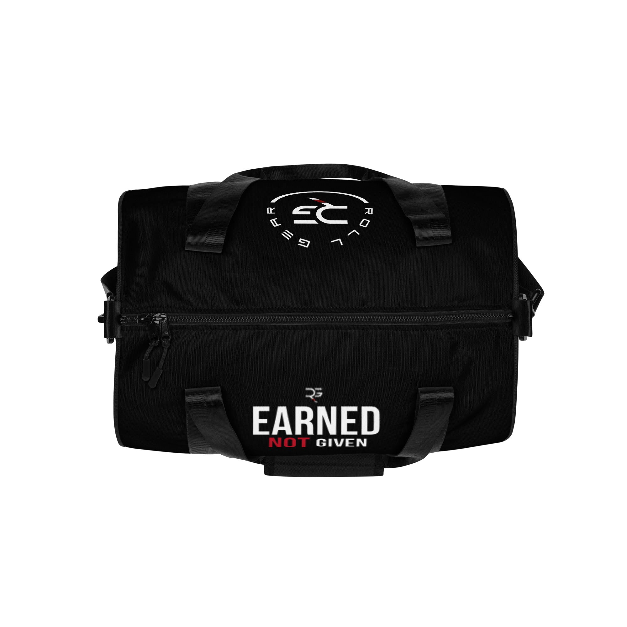 Black duffel bag with a visible brand label on a white background