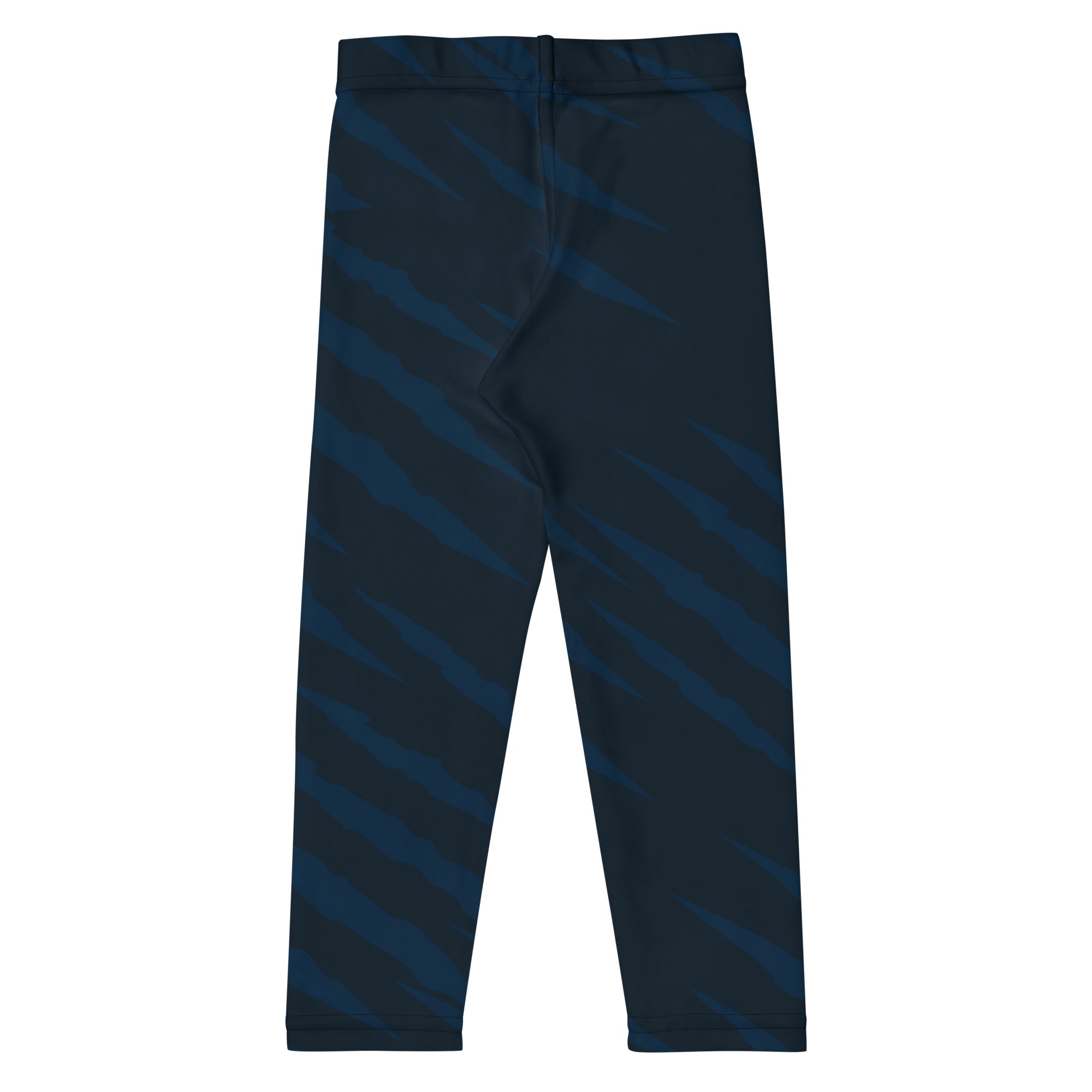 Roll Gear Kids Lion spats in navy with gold accents, back view, showing the full-length compression cut.
