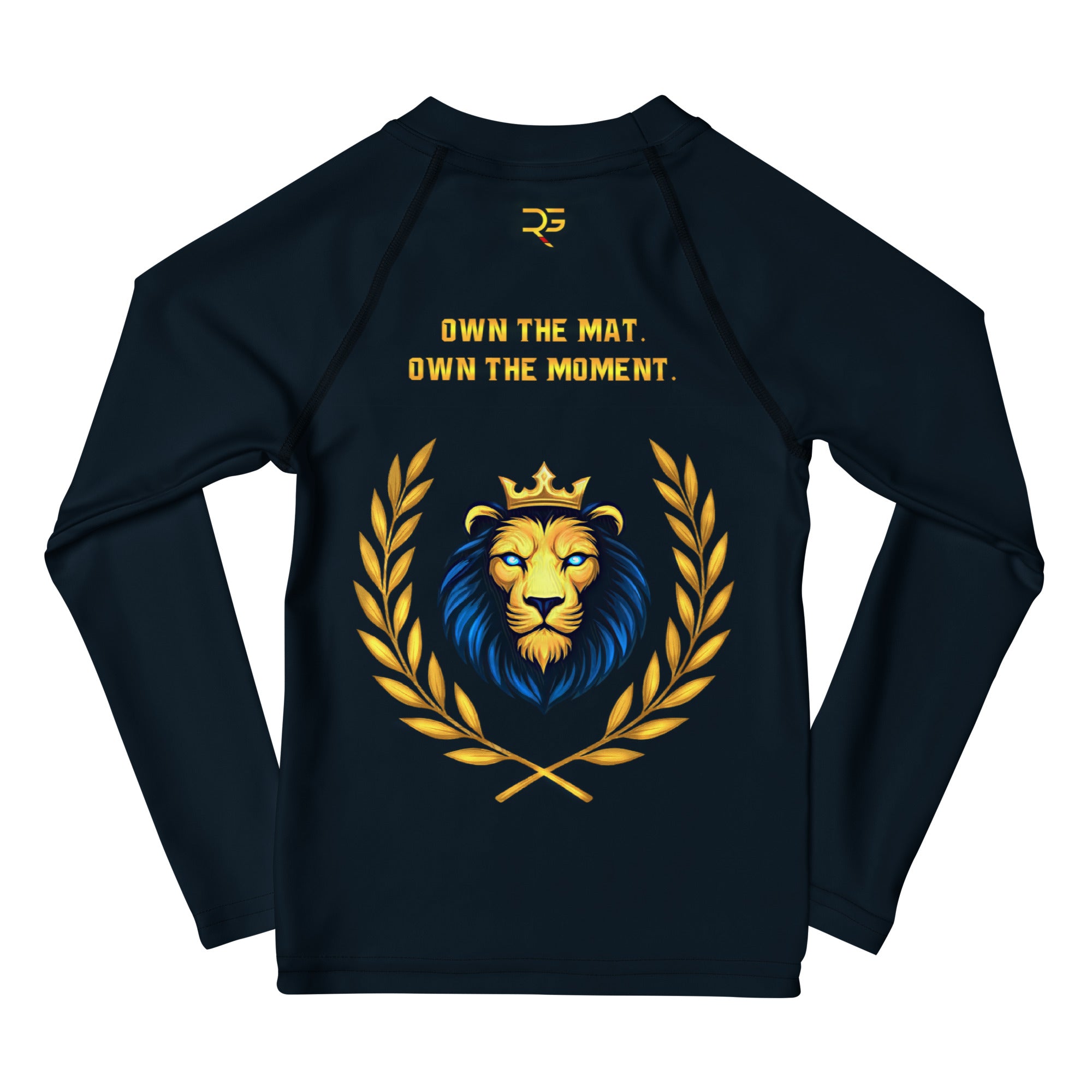 Roll Gear Kids Lion Rash Guard – Future World Champion, back view, all-over print.