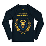 Roll Gear Kids Lion Rash Guard – Future World Champion, back view, all-over print.