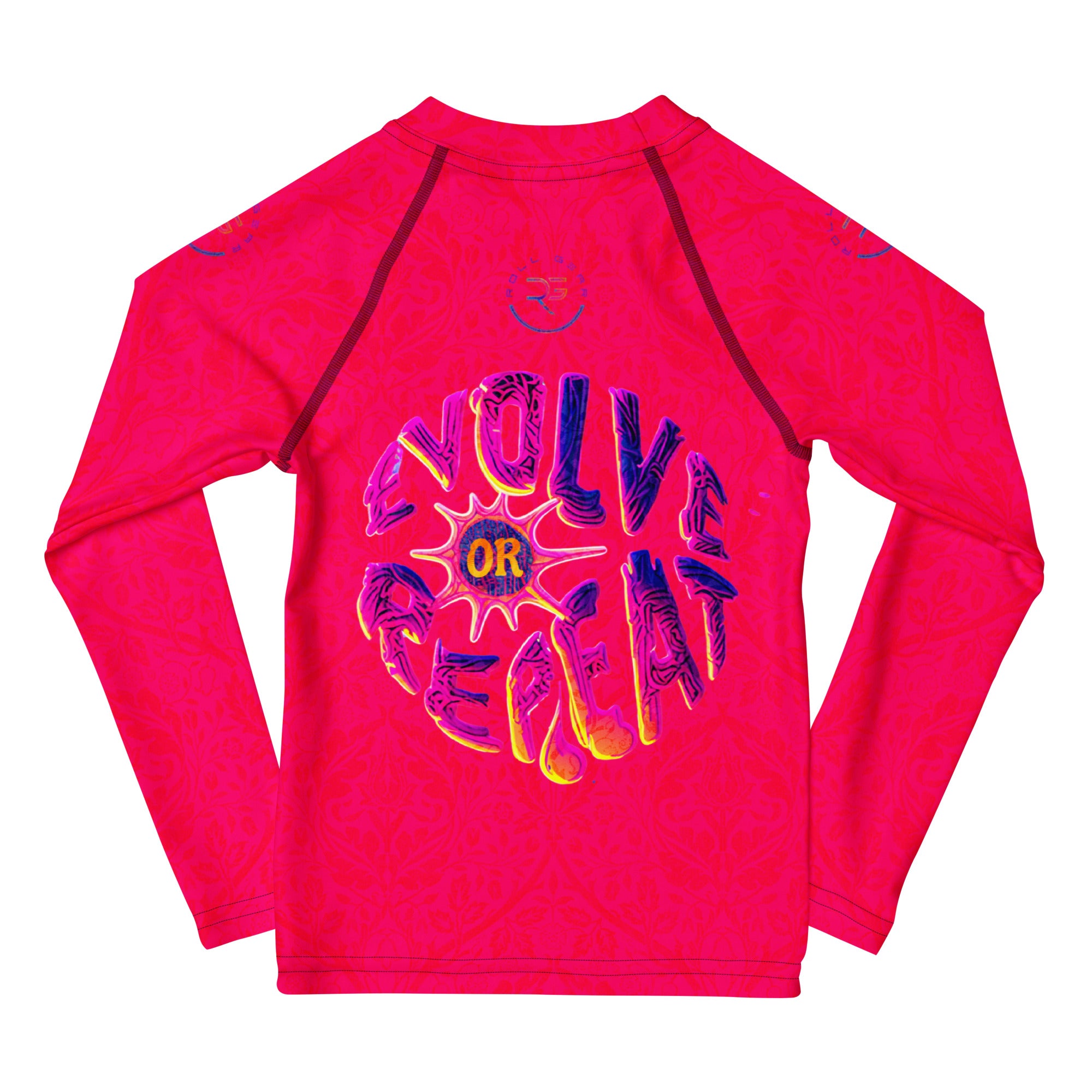 Roll Gear Evolve or Repeat Kid Girls Rash Guard – Pink, back view, all-over print.