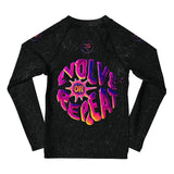 Roll Gear Evolve or Repeat Kid Girls Rash Guard - Black, back view.