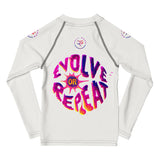 Roll Gear Evolve or Repeat Kid Girls Rash Guard - White, back view.