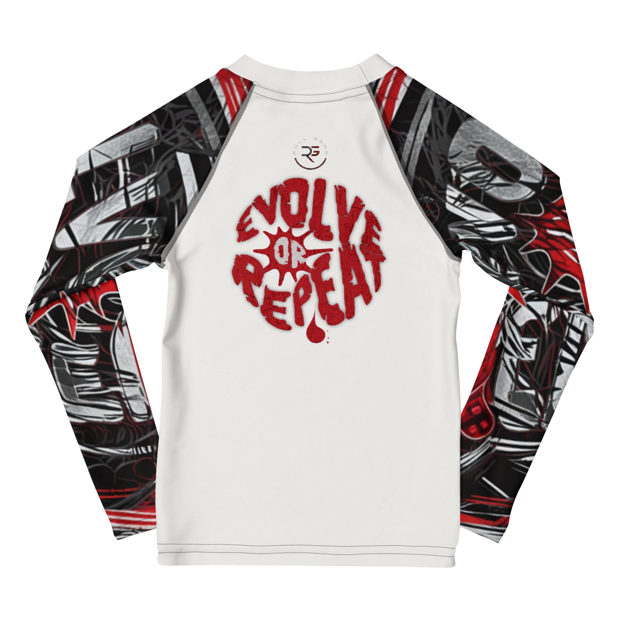 Roll Gear Evolve or Repeat Rash Guard - Kids, back view.