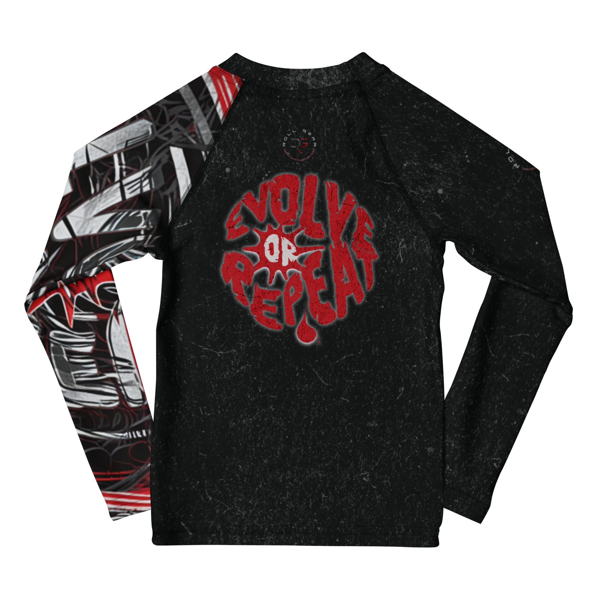 Roll Gear Evolve or Repeat Kid Boys Rash Guard, back view, all-over print.