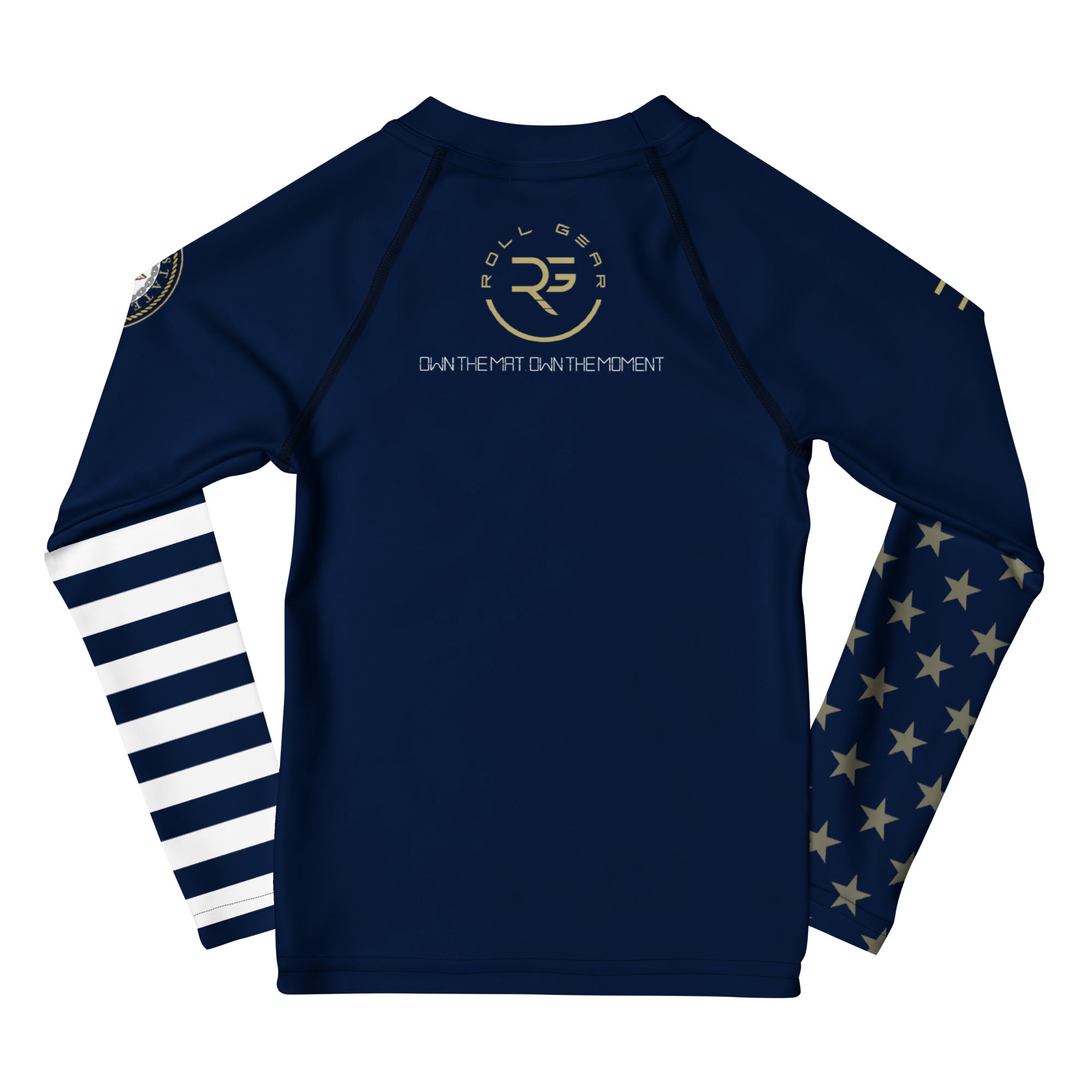 Navy long-sleeve shirt with star and stripe patterns on sleeves, featuring a logo and text.