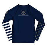Navy long-sleeve shirt with star and stripe patterns on sleeves, featuring a logo and text.