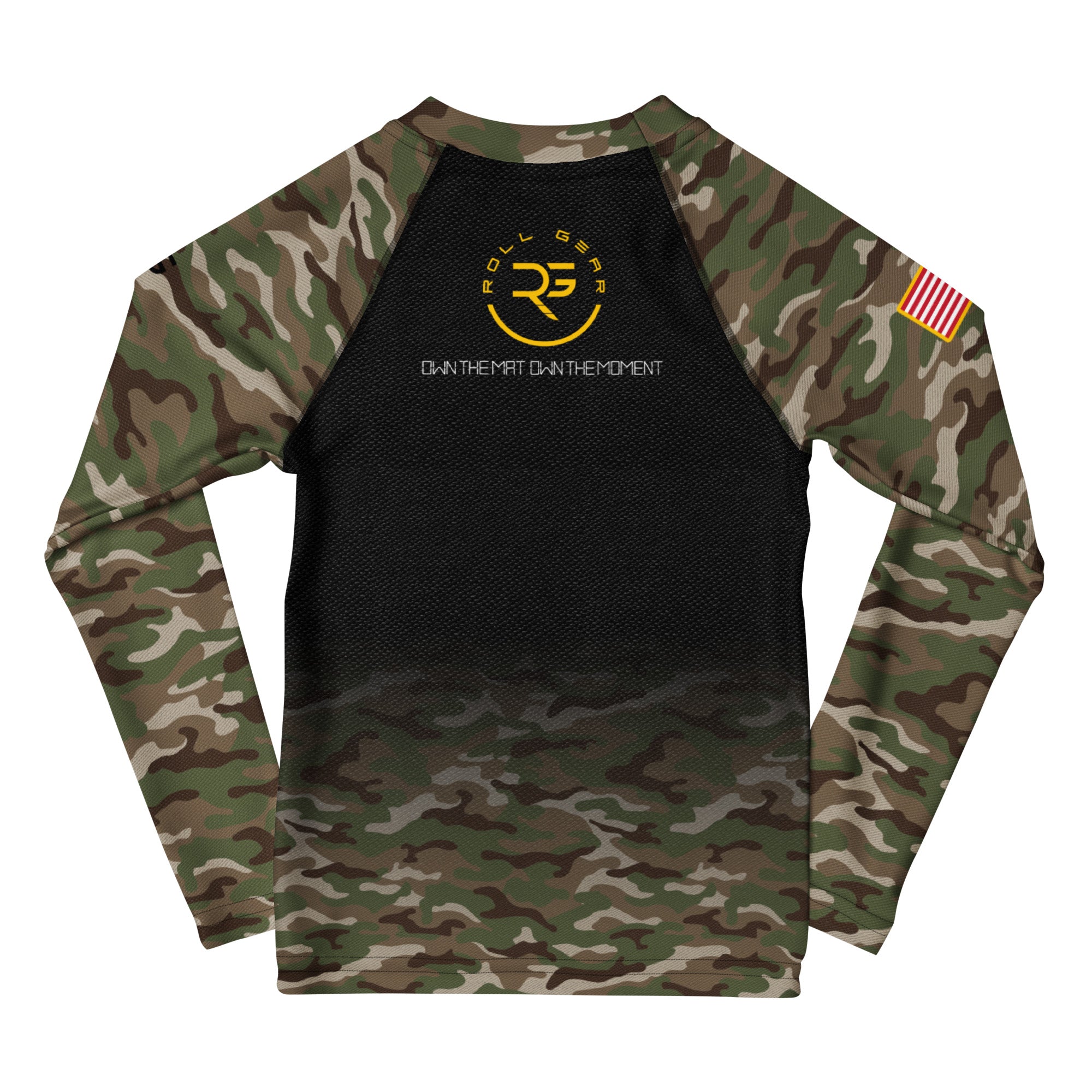 Roll Gear Kids Army Classic Long Sleeve Rash Guard, back view, all-over print.