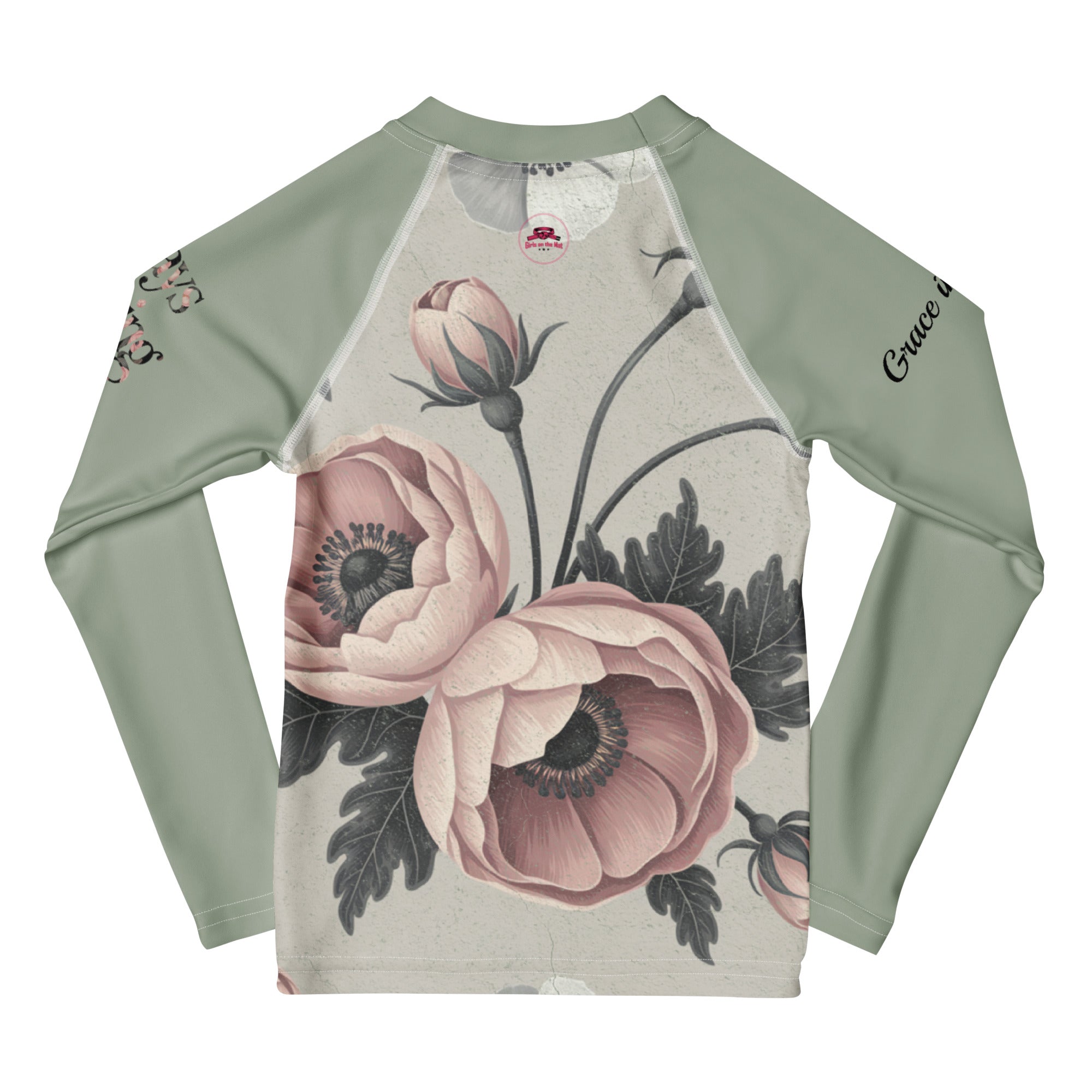 Roll Gear Signature Always Blooming Rash Guard – Sage Green (Athlete Edition, Kids Long Sleeve), back view, all-over print.