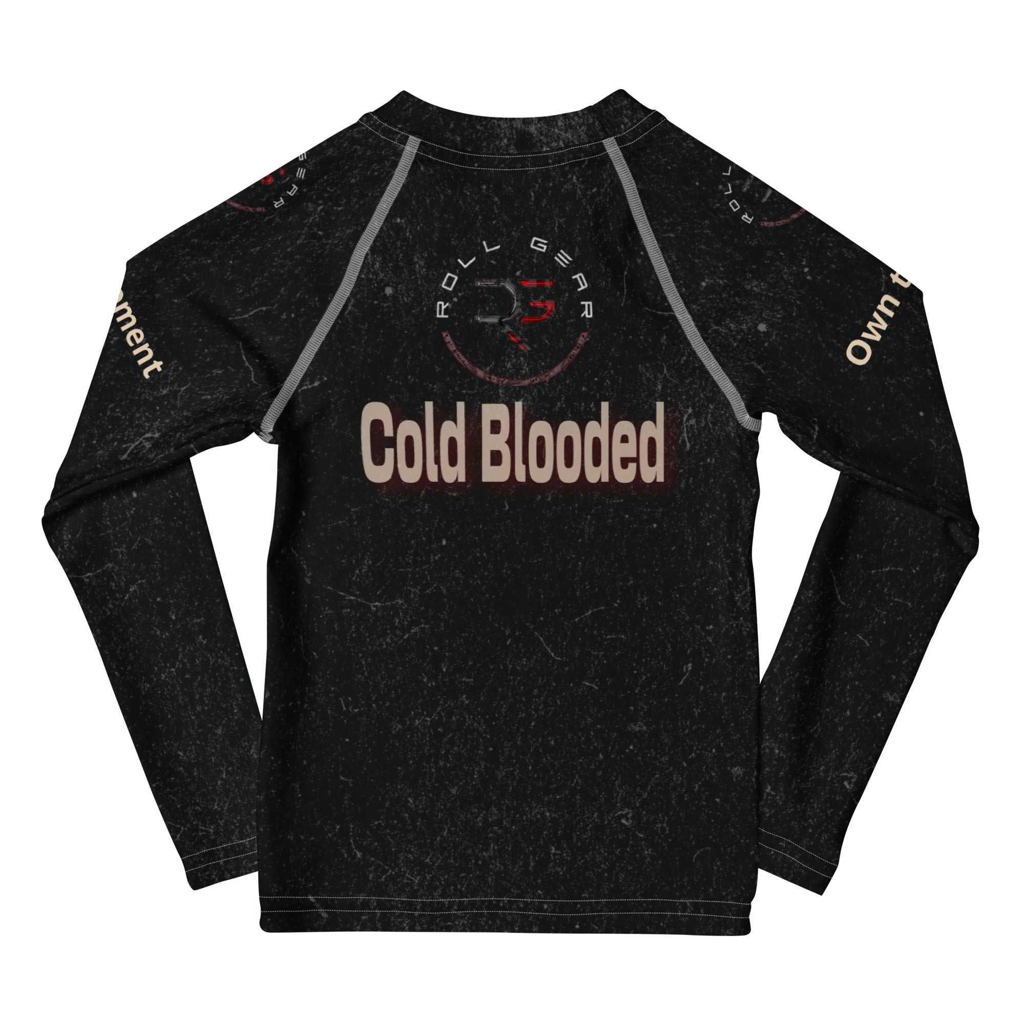 Roll Gear Cold Blooded Rash Guard – Black Venom Athlete Edition – Kids Long Sleeve, back view, all-over print.