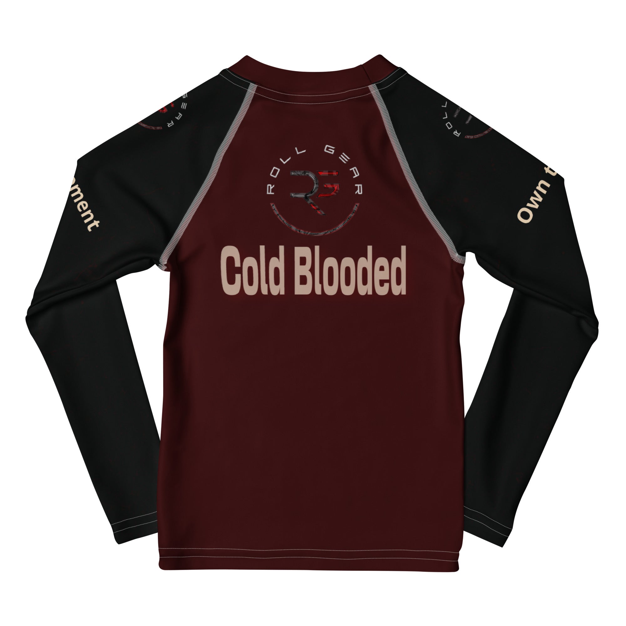 Roll Gear Signature Cold Blooded Rash Guard – Maroon Venom (Athlete Edition, Kids Long Sleeve), back view, all-over print.