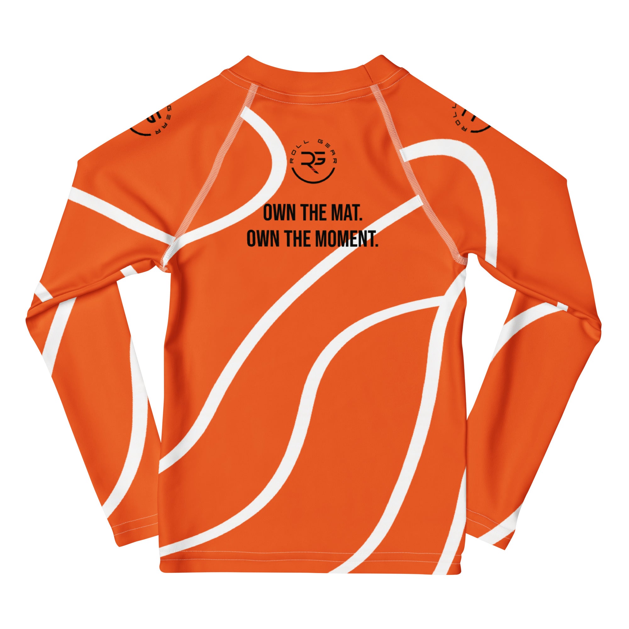 Roll Gear Orange Swirl Rash Guard - Orange/White, Kids, back view.