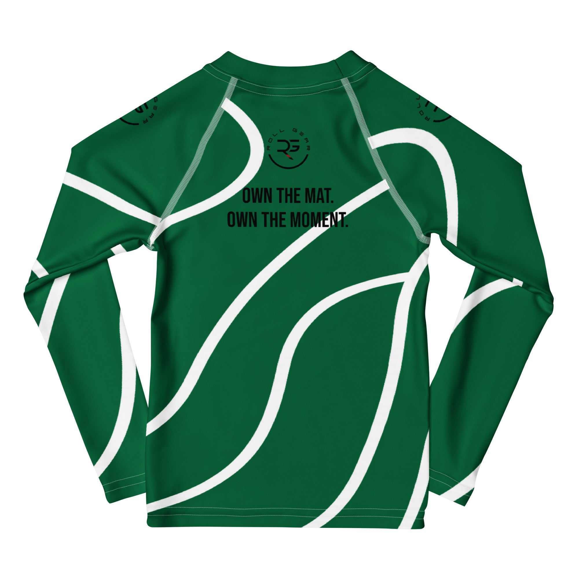 Roll Gear Kids Green Swirl Long Sleeve Rash Guard - Green/White, back view.