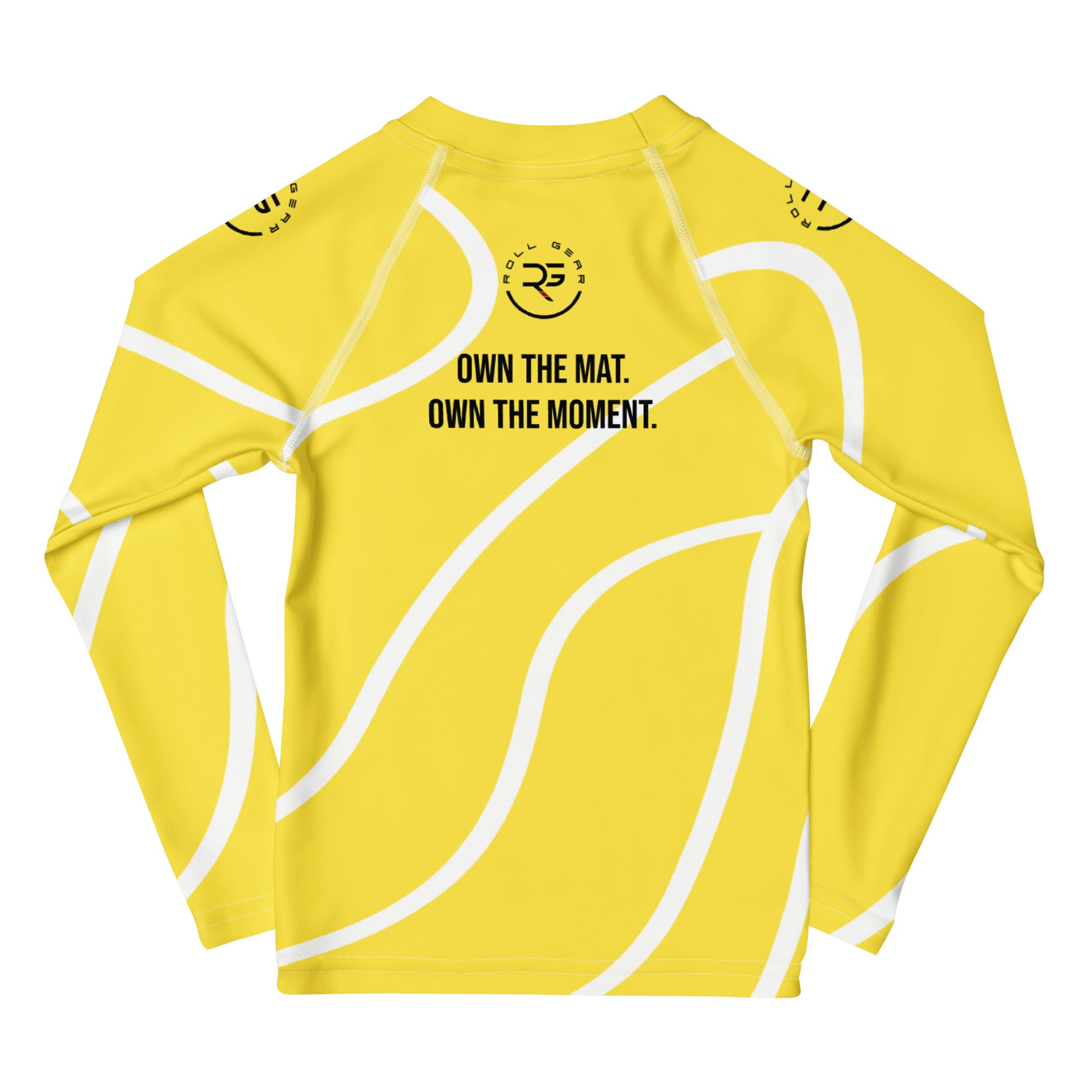 Roll Gear Yellow Swirl Rash Guard - Yellow/White, Kids, back view.