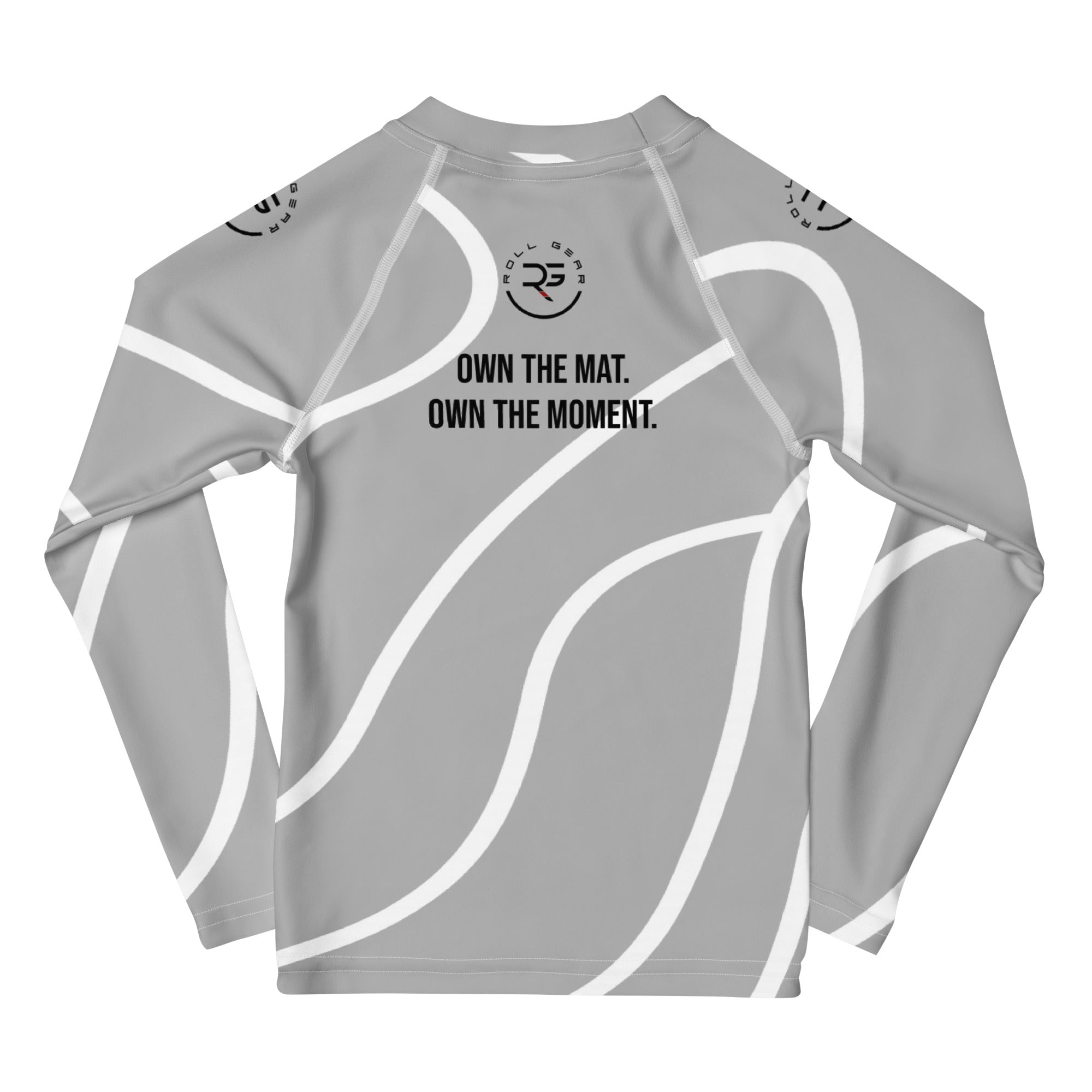 Roll Gear Grey Swirl Long Sleeve Rash Guard – Grey/White – Kids, back view, all-over print.
