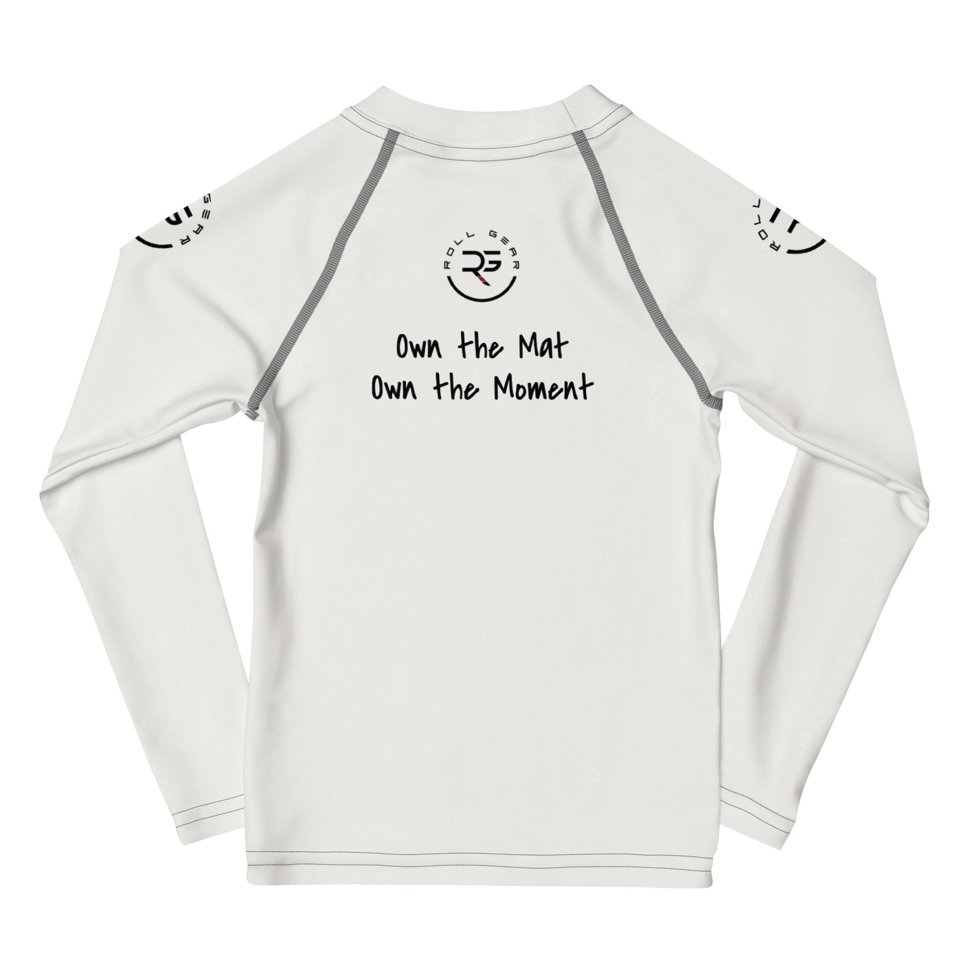 Roll Gear Tap Hype Rash Guard – Blue/White – Kids, back view, all-over print.