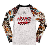 Roll Gear Never Accept Rash Guard – Black – Kids, back view, all-over print.