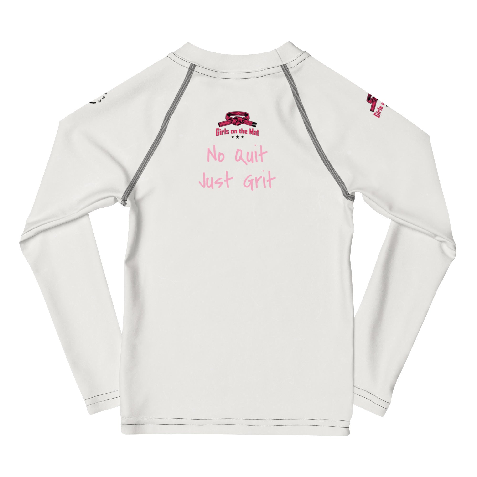Roll Gear Tap Hype Girls on the Mat Rash Guard - Light Pink/White, Kids Long Sleeve, back view.