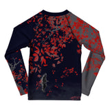 Roll Gear Shadow Dragon Warrior kids' LS rash guard in dark navy & crimson — BJJ compression, dragon print, back.