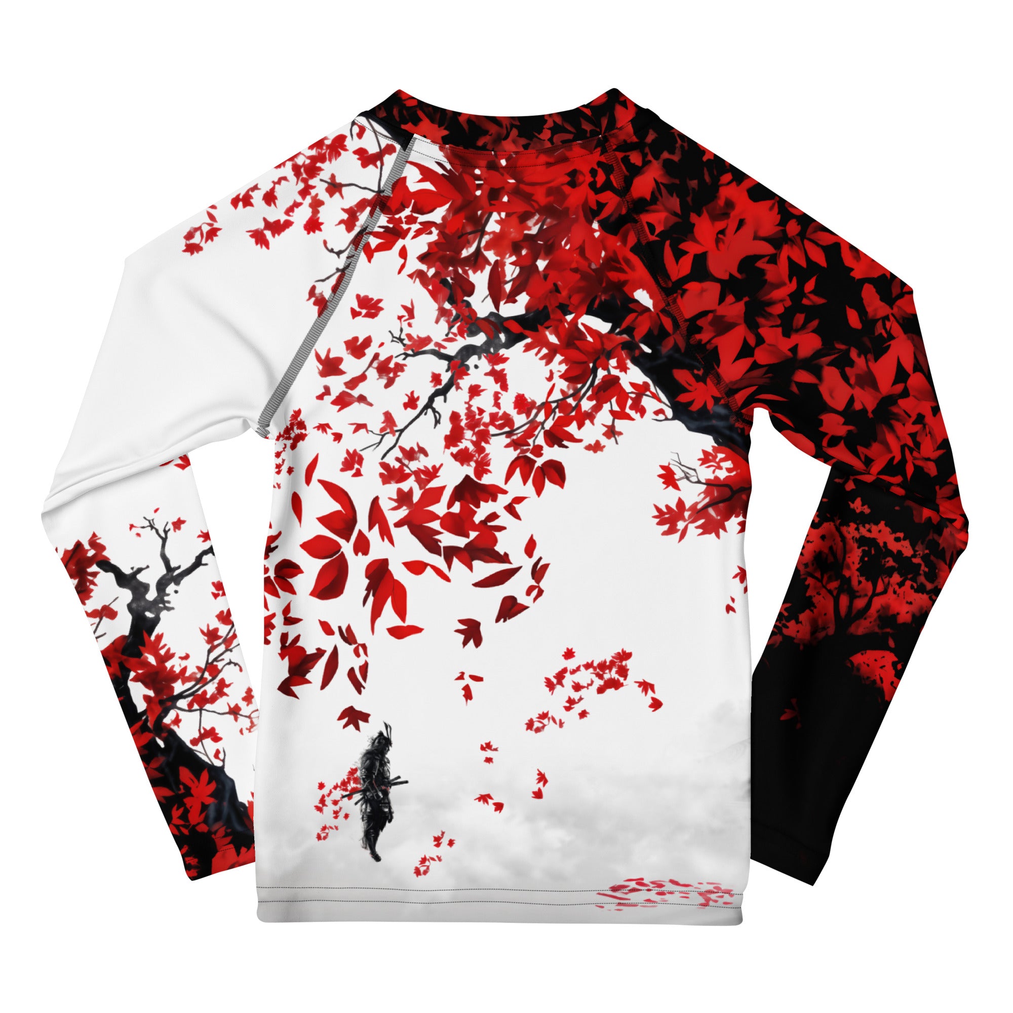 Roll Gear Shadow Dragon Warrior kids' LS rash guard in white & crimson — BJJ compression, dragon print, back.