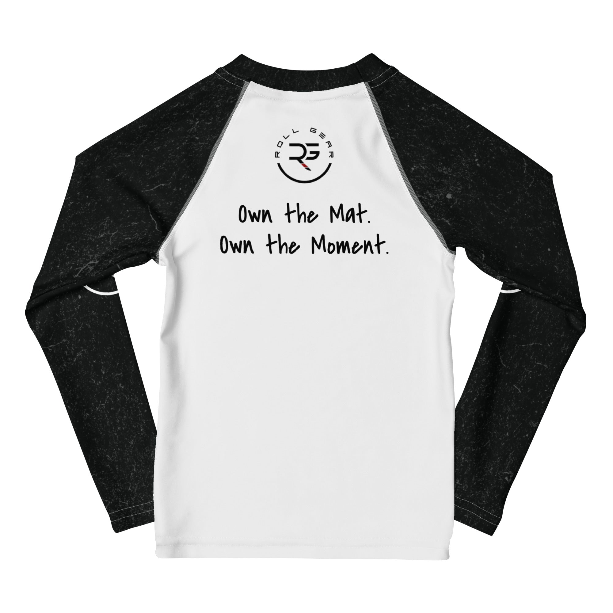 Roll Gear Tap Hype Long Sleeve Rash Guard – Orange & White – Kids, back view, all-over print.