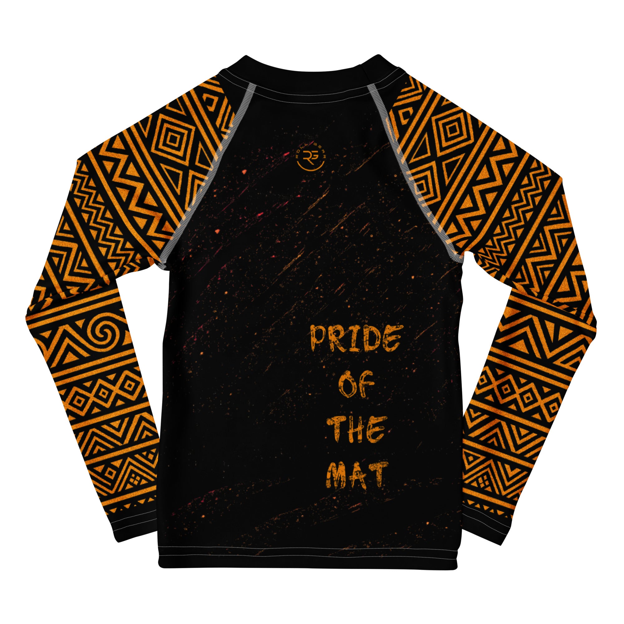 Roll Gear Lion’s Pride Long Sleeve Rash Guard – Black & Gold – Kids, back view, all-over print.