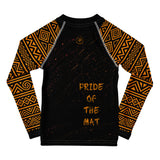 Roll Gear Lion’s Pride Long Sleeve Rash Guard – Black & Gold – Kids, back view, all-over print.