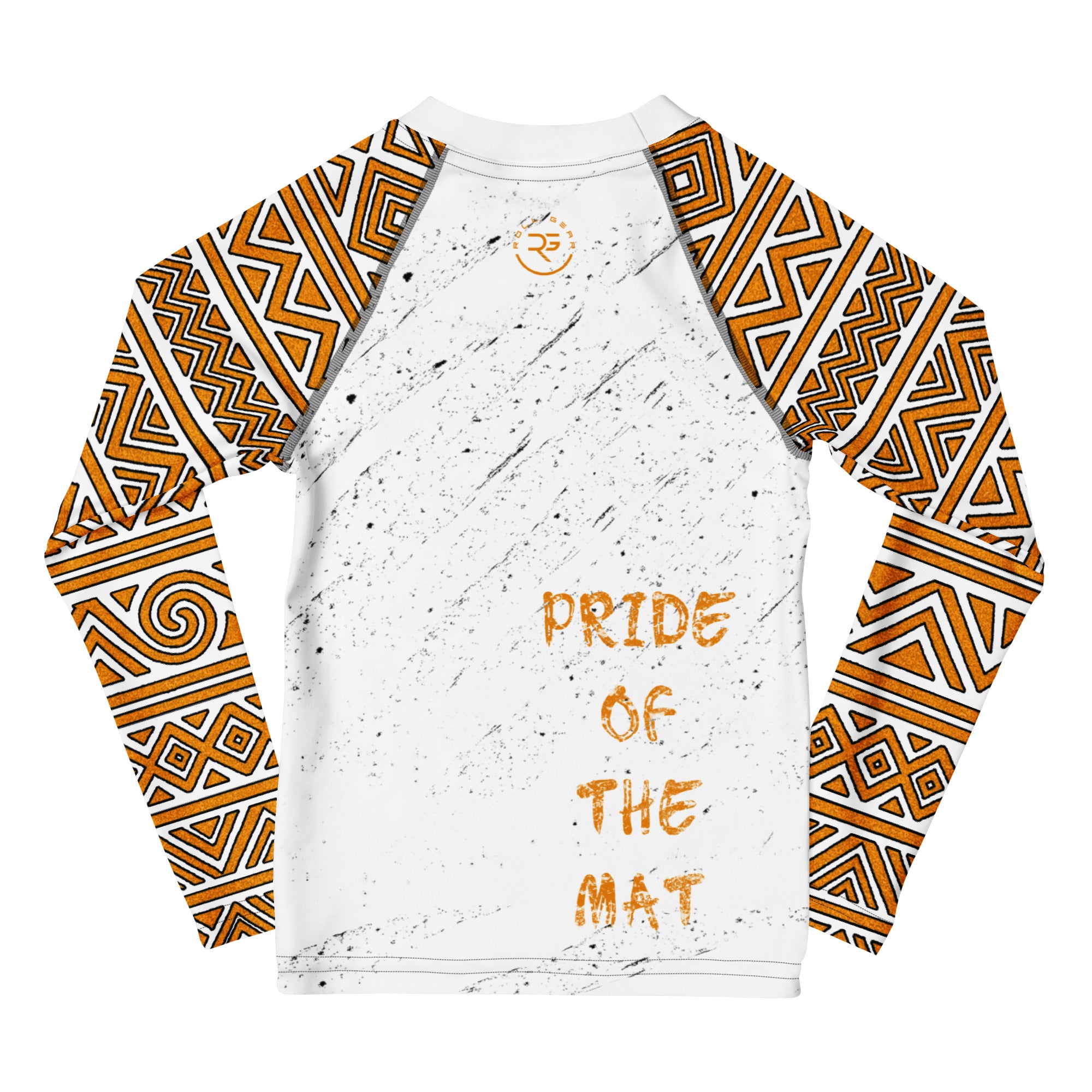 Roll Gear Lion’s Pride Long Sleeve Rash Guard – White & Gold – Kids, back view, all-over print.