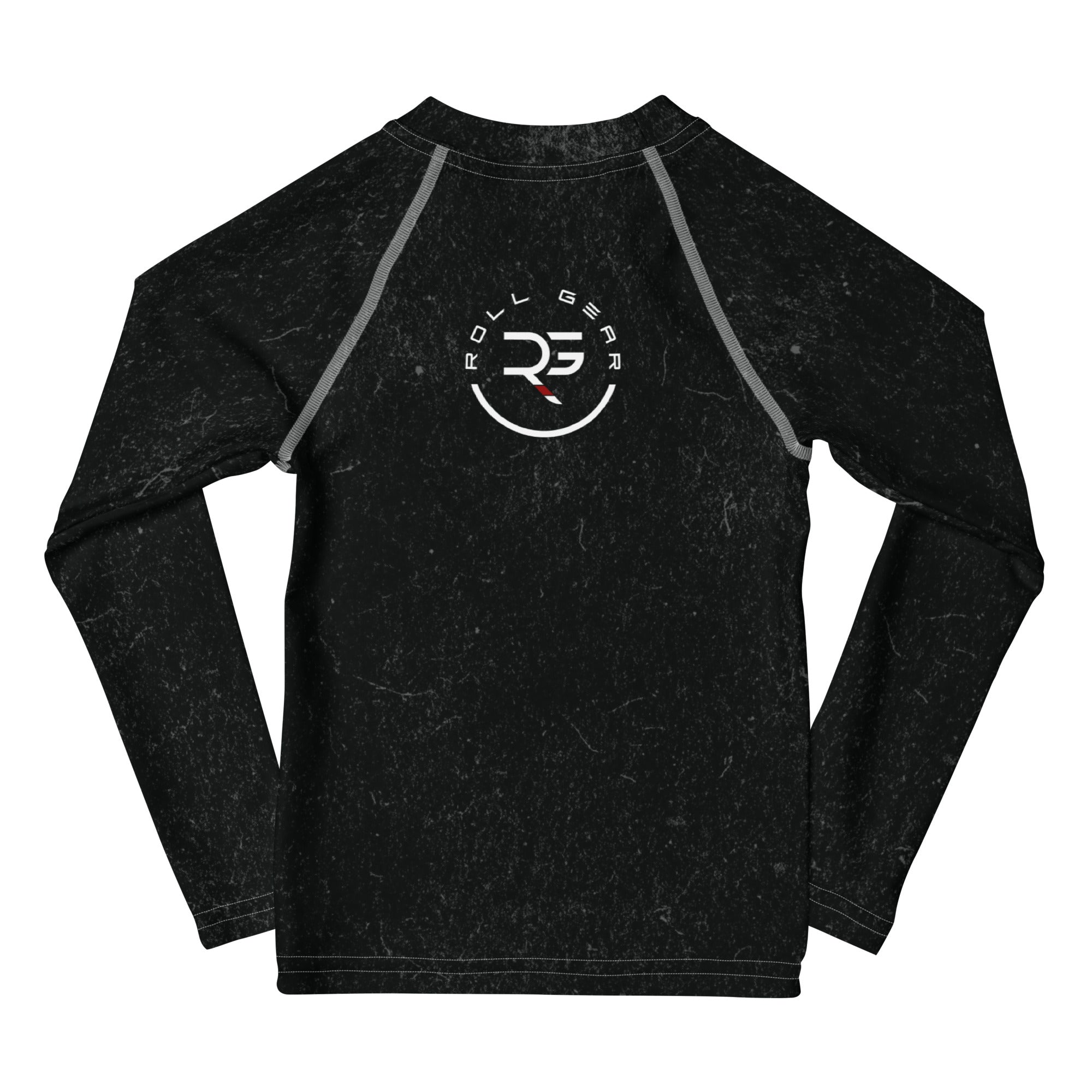 Roll Gear Earned Not Given Long Sleeve Rash Guard – Black – Kids, back view, all-over print.