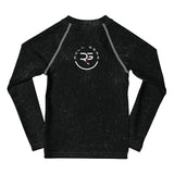 Roll Gear Earned Not Given Long Sleeve Rash Guard – Black – Kids, back view, all-over print.