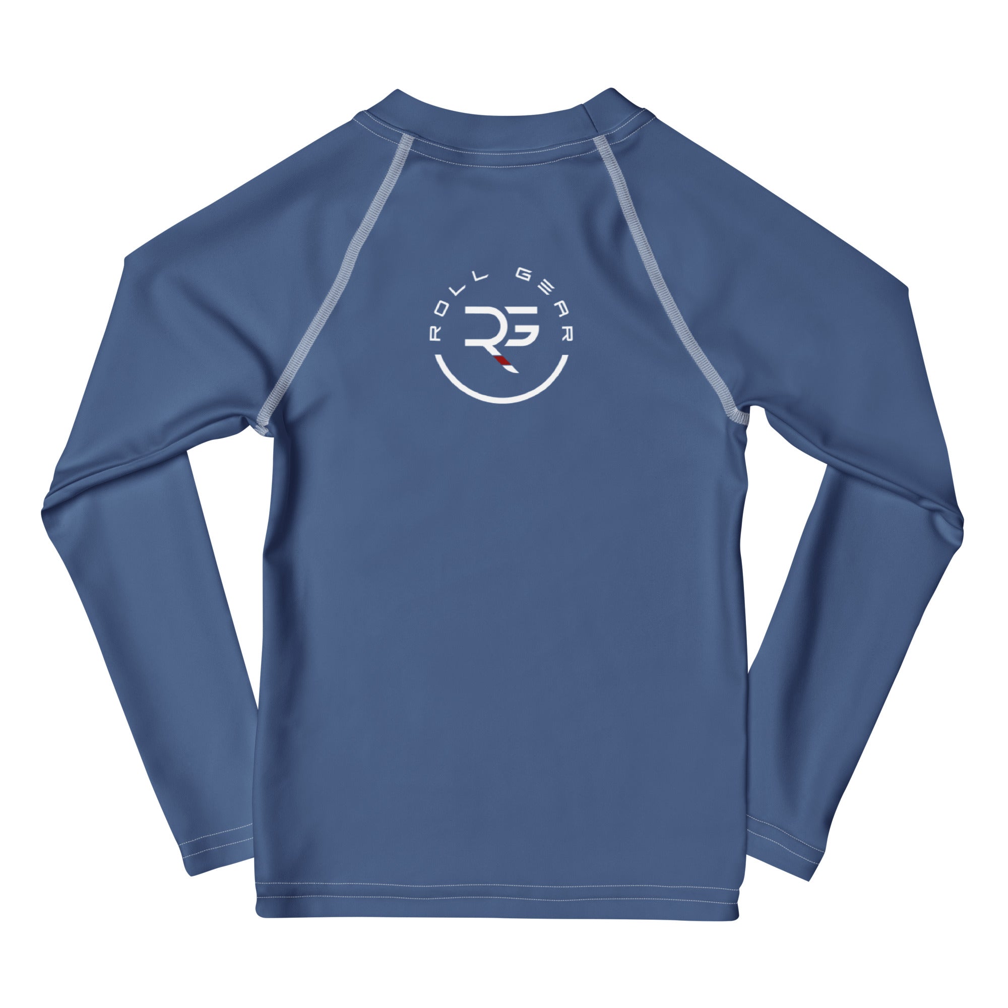 Roll Gear Earned Not Given Long Sleeve Rash Guard – Blue – Kids, back view, all-over print.