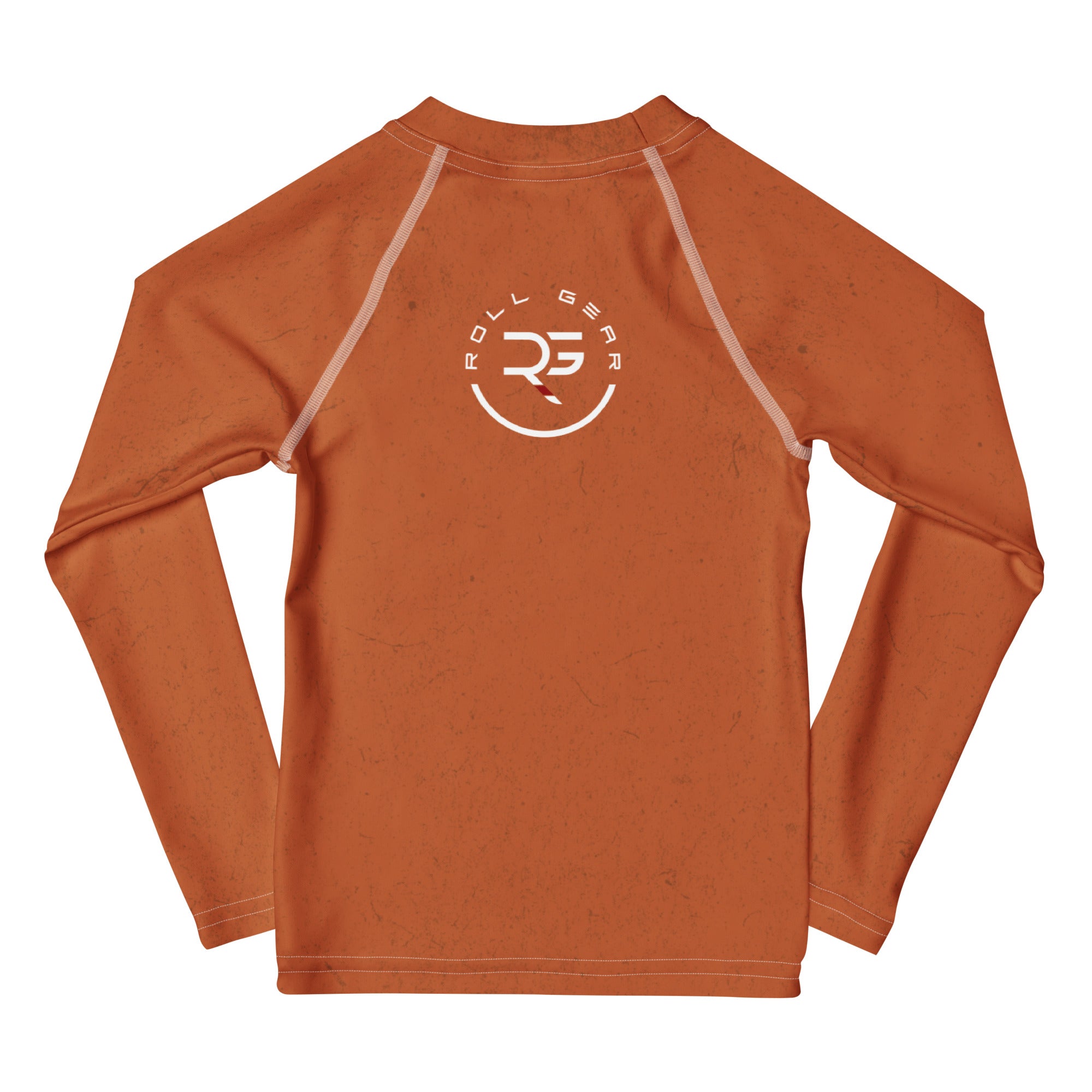 Roll Gear Earned Not Given Long Sleeve Rash Guard - Burnt Orange, Kids, back view.