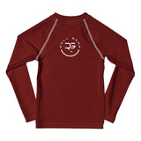 Red long-sleeve shirt with a logo on the chest against a white background