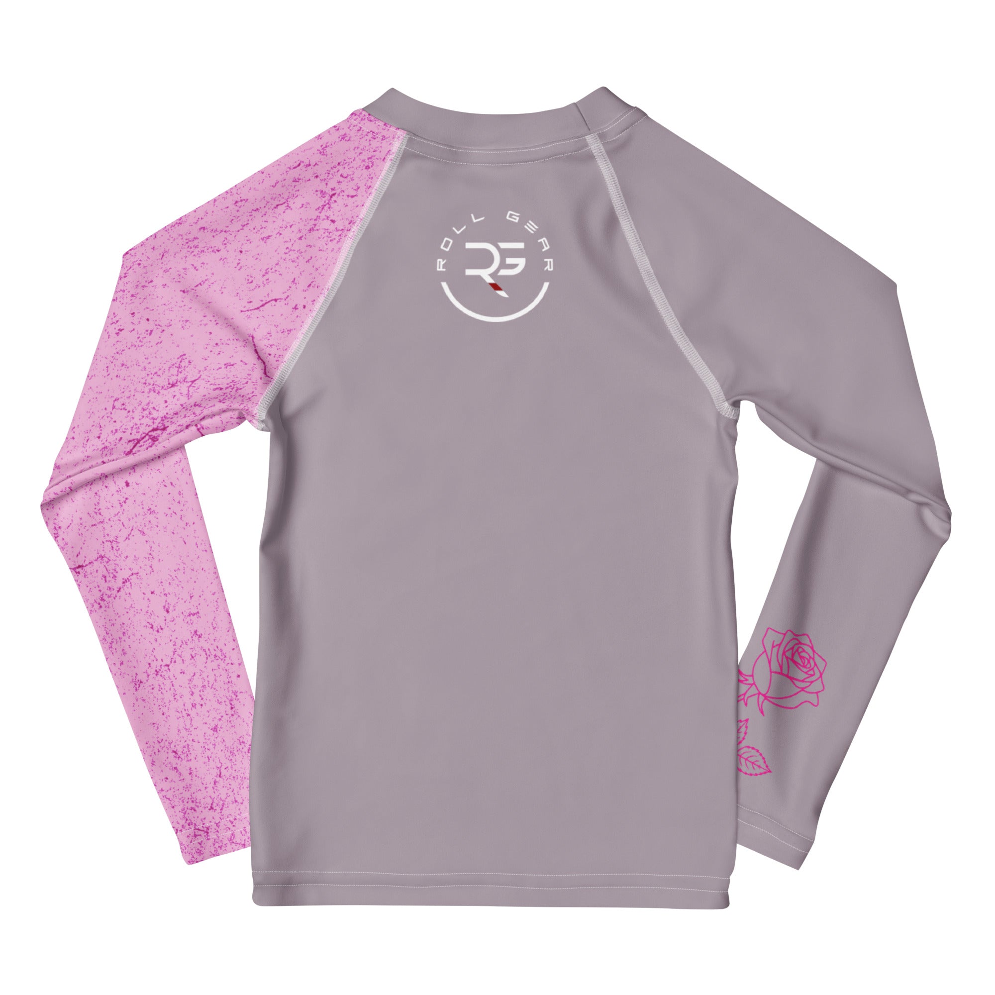 Long-sleeve shirt with pink floral sleeves and gray body on a white background