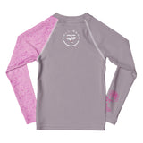 Long-sleeve shirt with pink floral sleeves and gray body on a white background