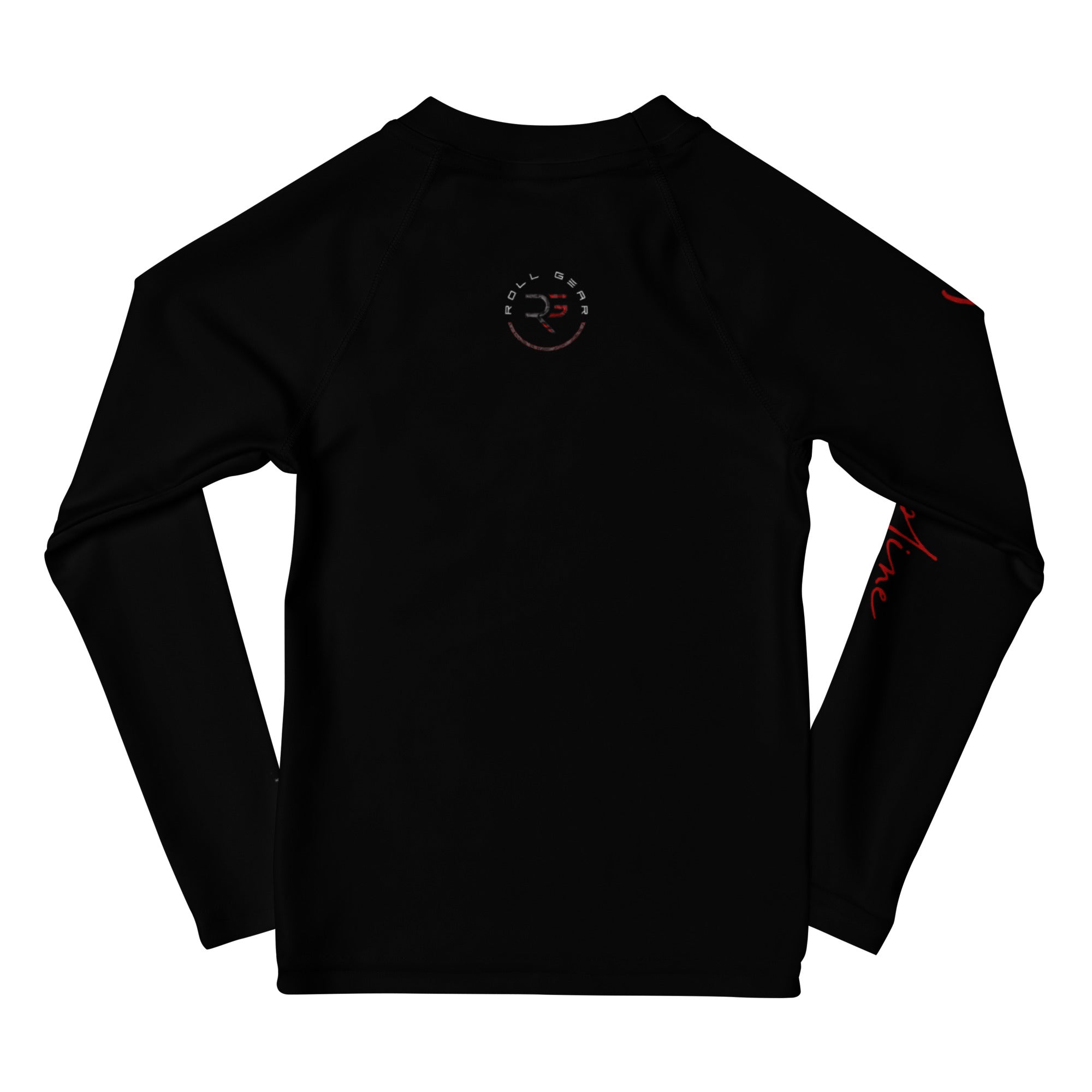 Roll Gear Embrace the Chaos Rash Guard – Kids, back view, all-over print.
