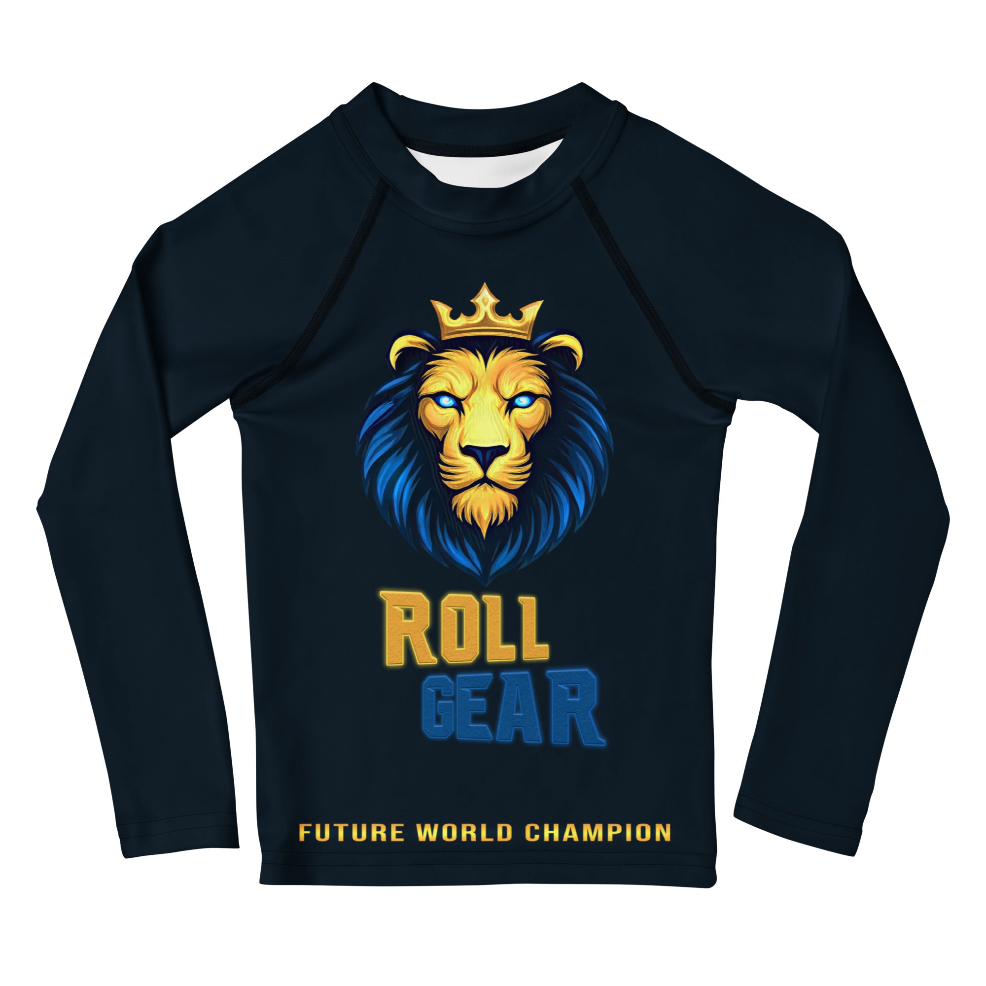 Roll Gear Kids Lion Rash Guard – Future World Champion, front view, all-over print.