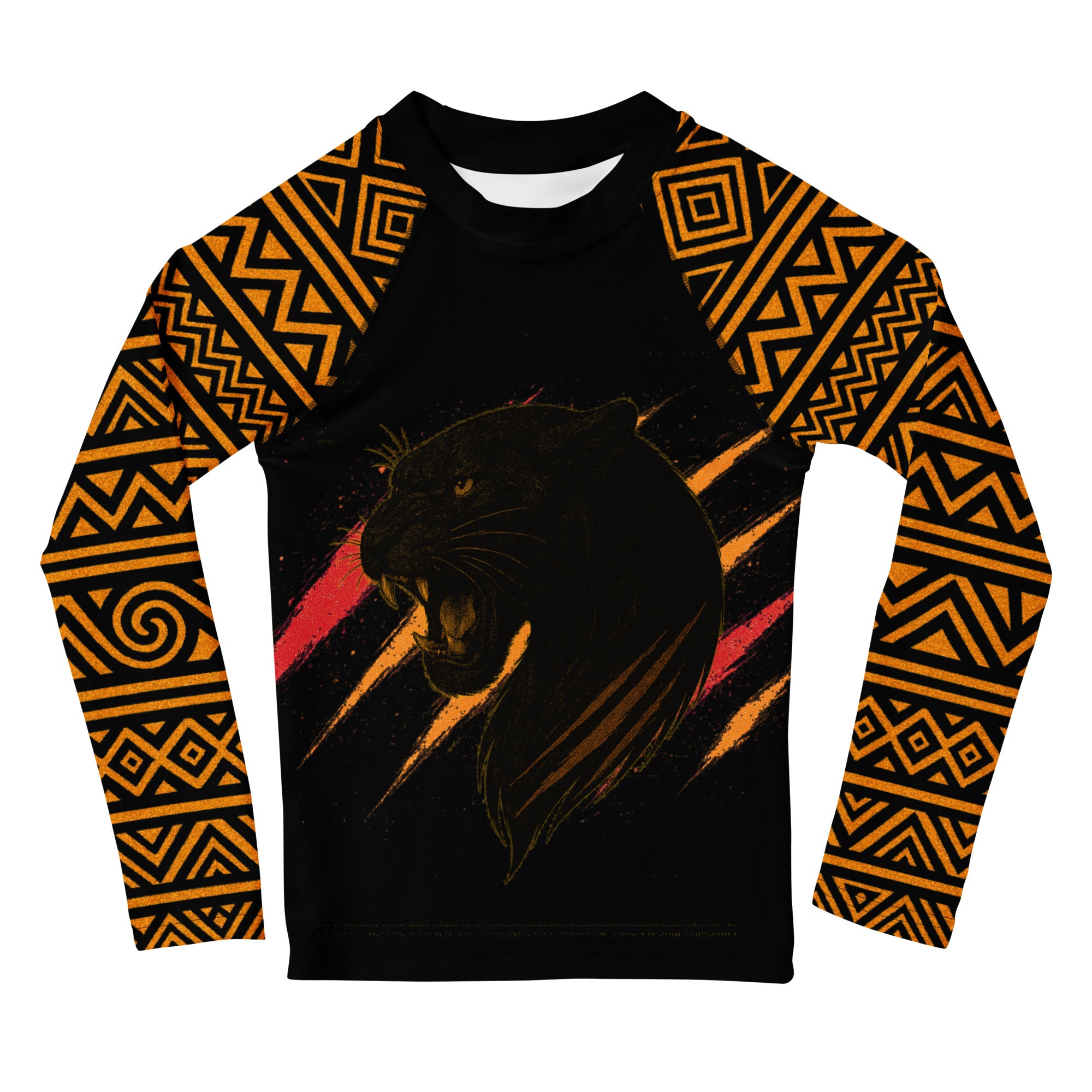 Roll Gear Jaguar Kids BJJ Rash Guard – youth Brazilian Jiu-Jitsu compression top with jaguar graphic, front view.