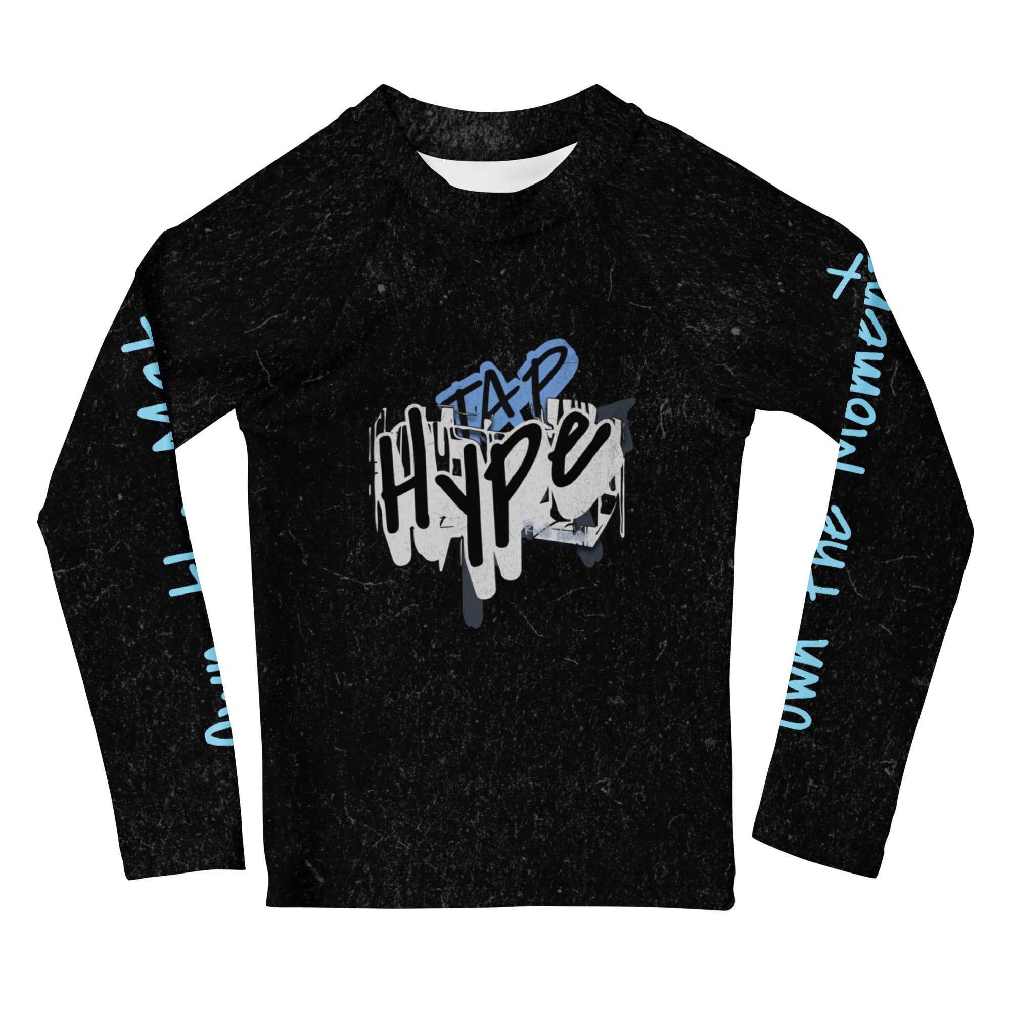 Roll Gear Tap Hype Long Sleeve Rash Guard – Kids, flat front view, Tap Hype chest graphic.