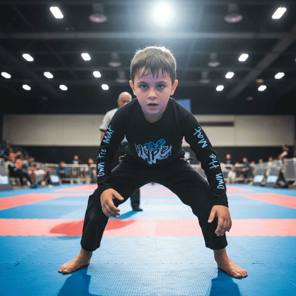 Roll Gear Tap Hype Long Sleeve Rash Guard – Kids, worn in a grappling stance on a competition mat.