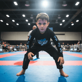Roll Gear Tap Hype Long Sleeve Rash Guard – Kids, worn in a grappling stance on a competition mat.